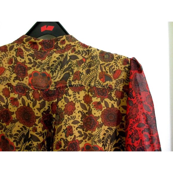 Hanley Mellon 100% Silk 6 Blouse Gold Multi Floral Boho Semi Sheer S Tunic Mint! - Picture 6 of 11